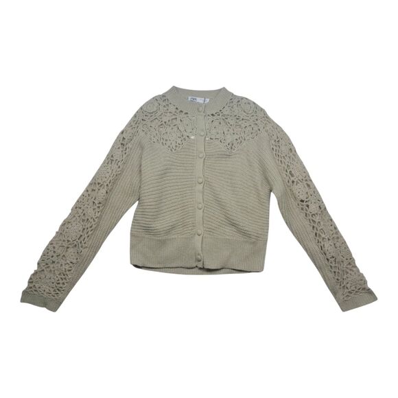 NWT Zara Combined Crochet Knit Cardigan Sweater Womens Small Green Cottagecore - Picture 1 of 15